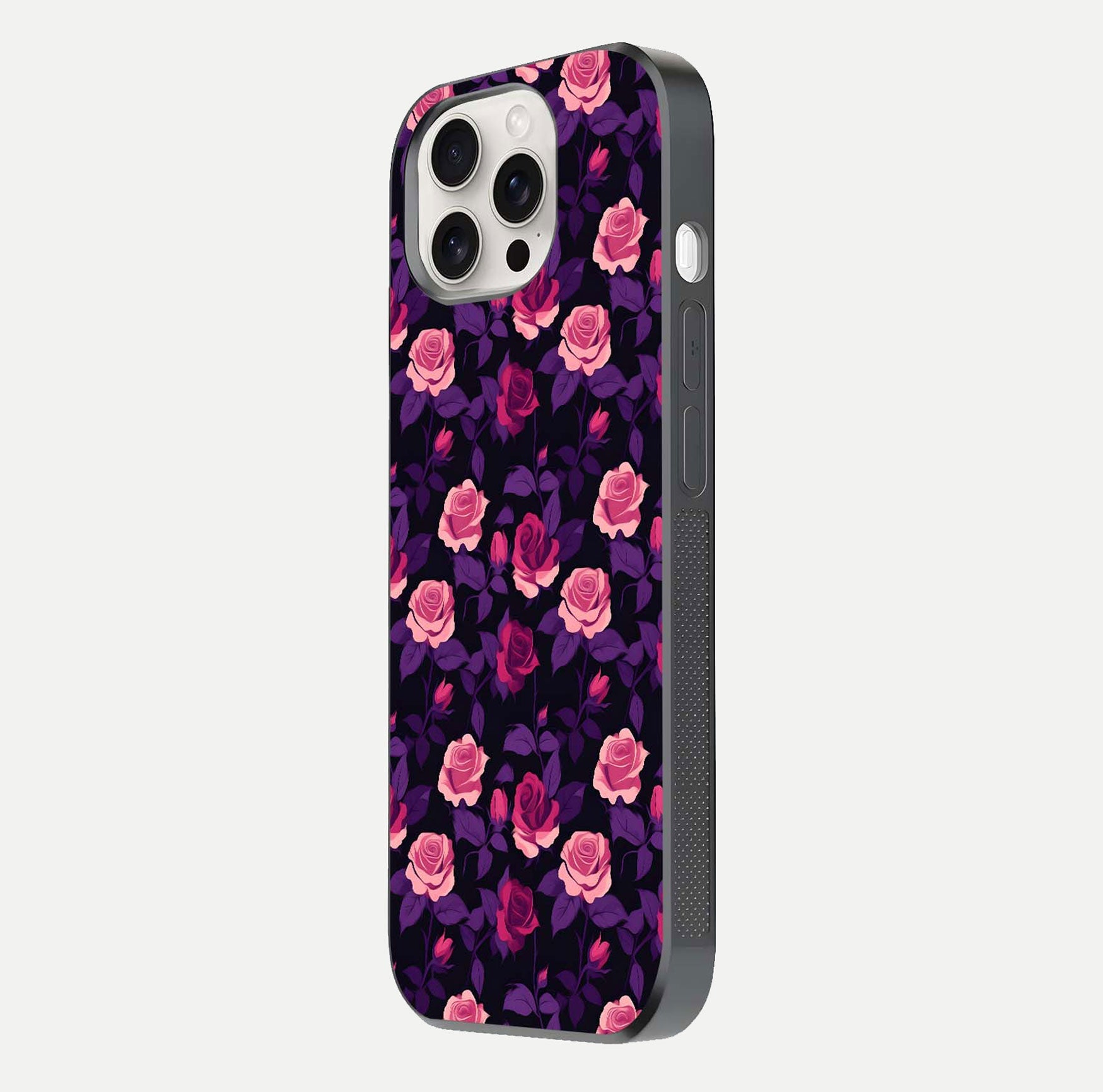 Rose Garden Twilight Glass Case for iPhone 15 Pro Max side-angle image showing reflection, gloss, and floral detail