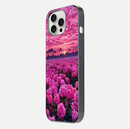 Rose Sunset Valley Glass Case for iPhone 15 Pro Max side-angle image showing smooth edges and floral glow