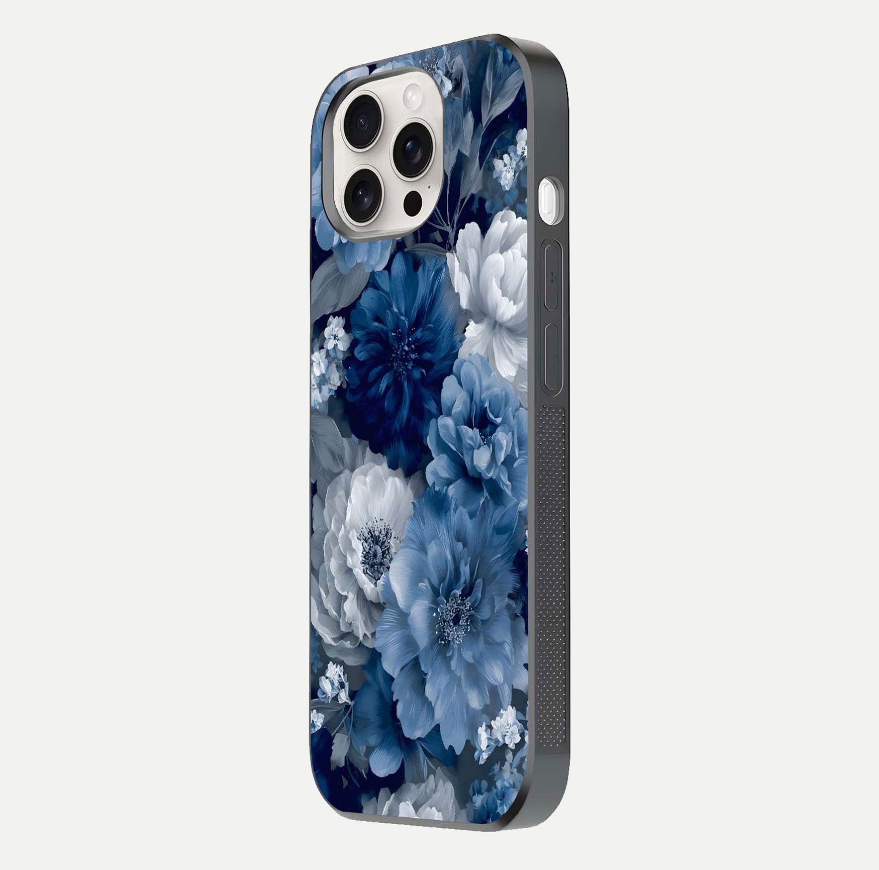 Royal Bloom Garden Glass Case for iPhone 15 Pro Max side-angle image showing floral pattern, edges, and reflection