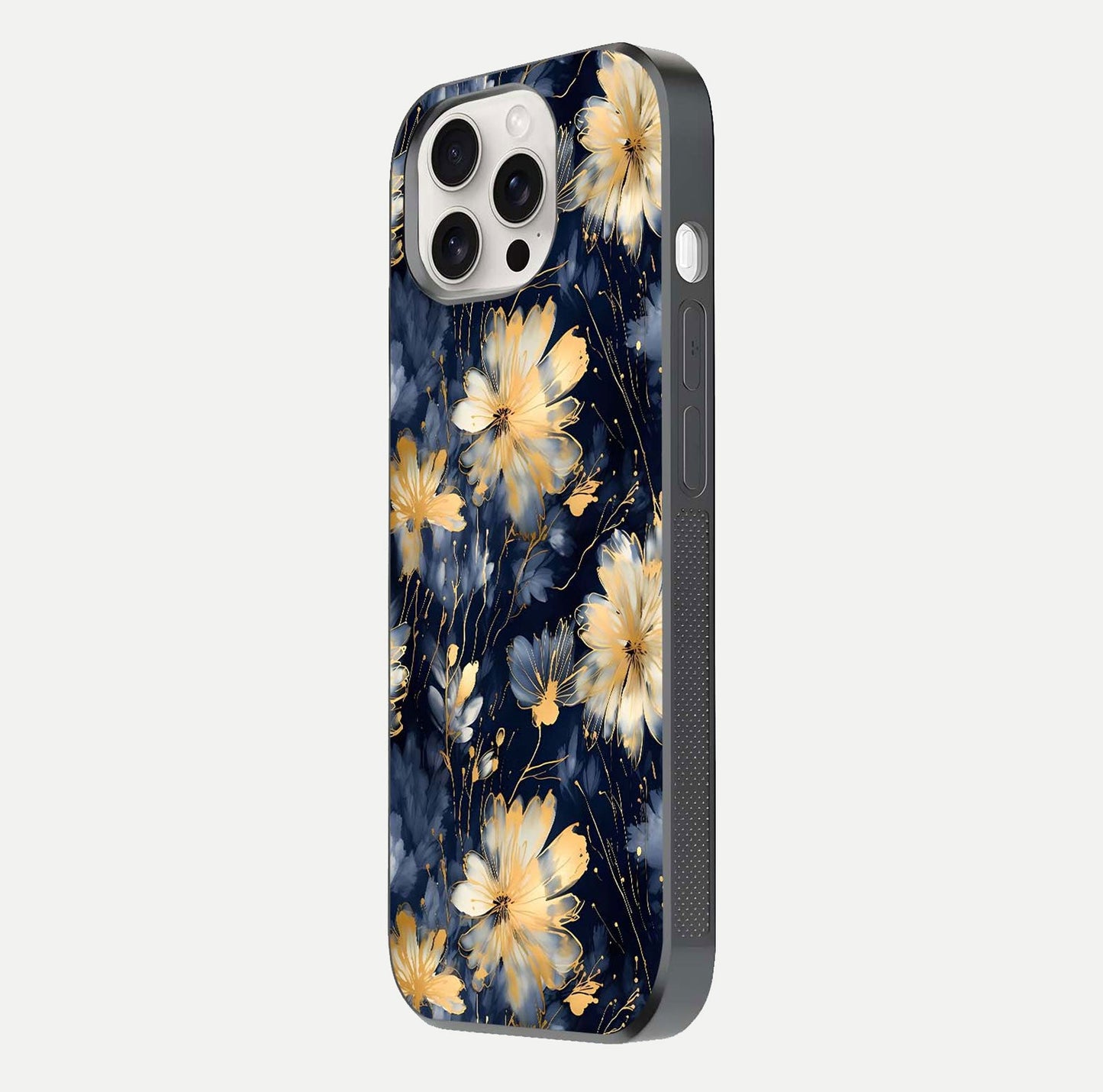 Royal Petal Dream Glass Case for iPhone 15 Pro Max side-angle image showing smooth edges and royal bloom details