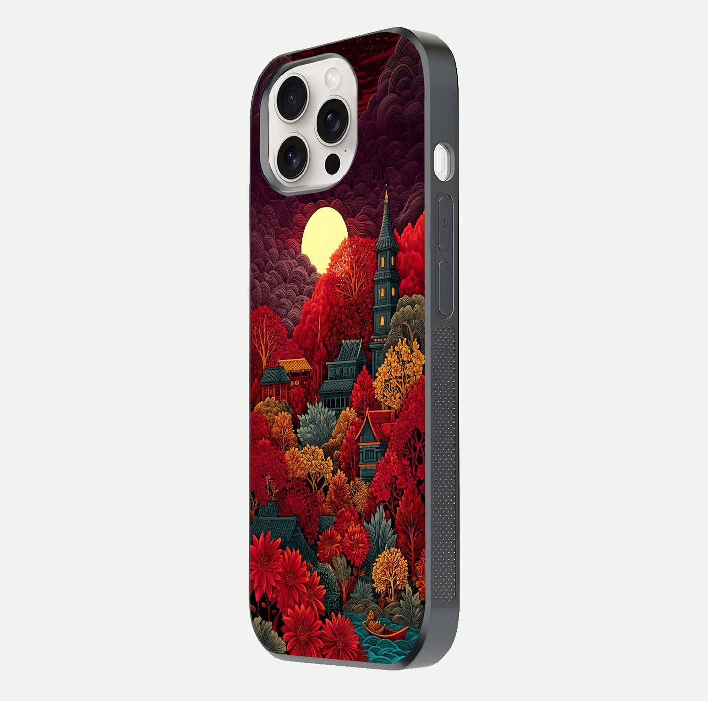 Scarlet Autumn Temple Glass Case for iPhone 15 Pro Max side-angle image showing color depth and reflection clarity
