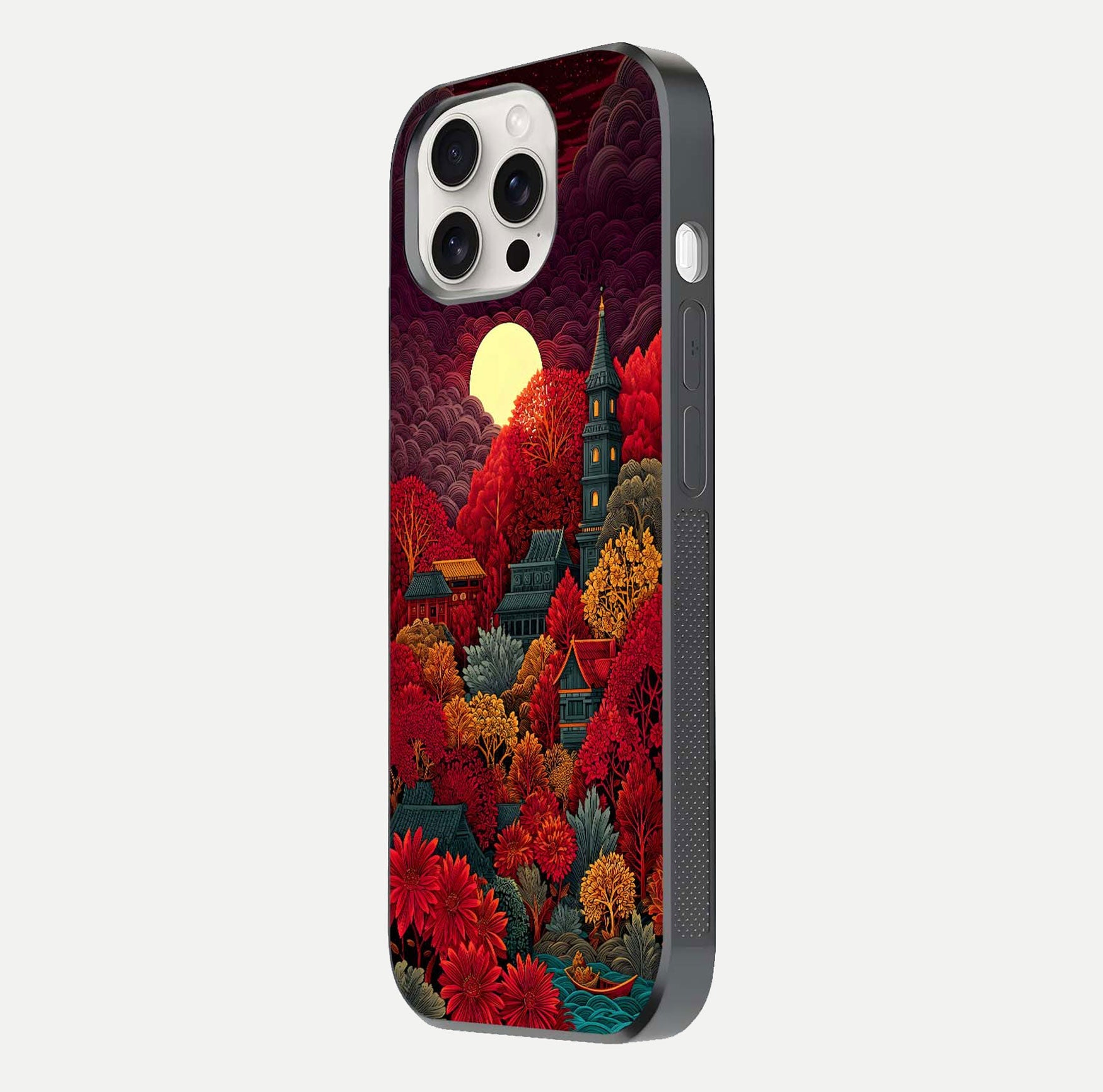 Scarlet Autumn Temple Glass Case for iPhone 15 Pro Max side-angle image showing color depth and reflection clarity