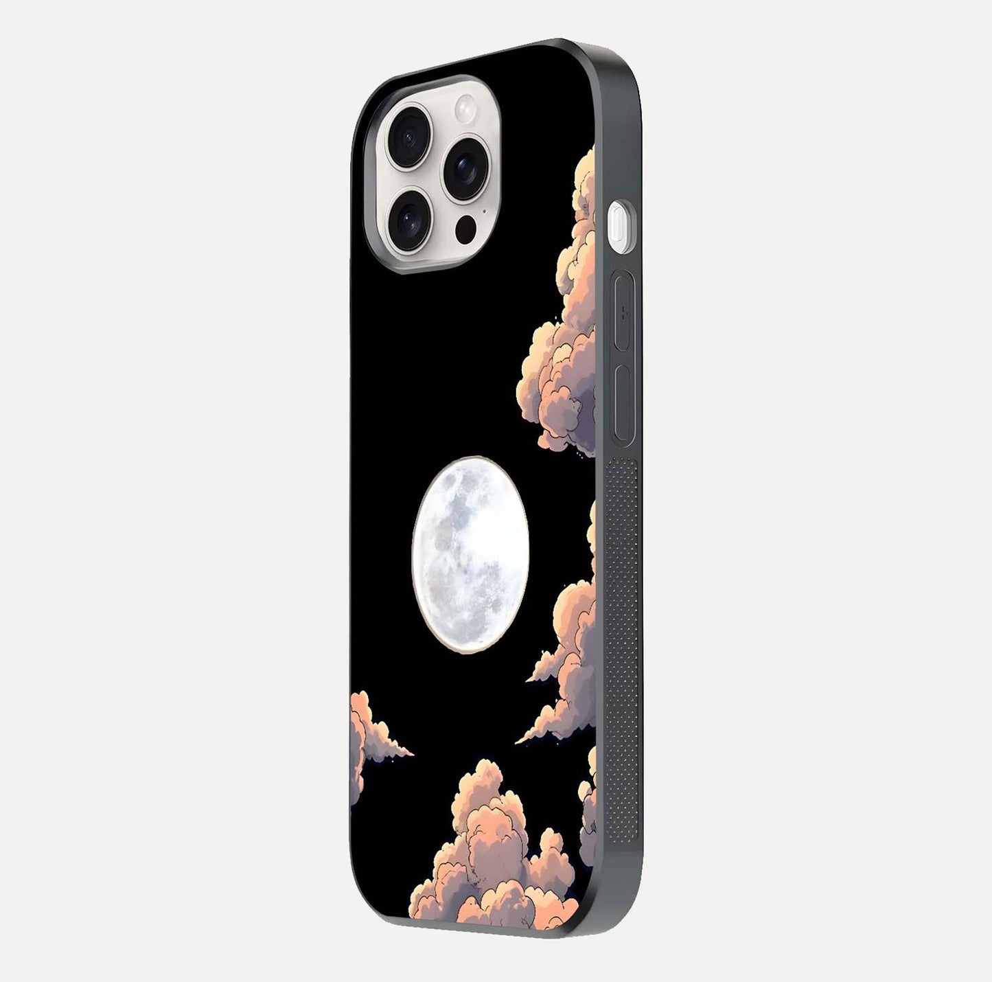 Shade Cloud Moon Glass Case for iPhone 15 Pro Max side-angle image showing reflection and night-sky detail