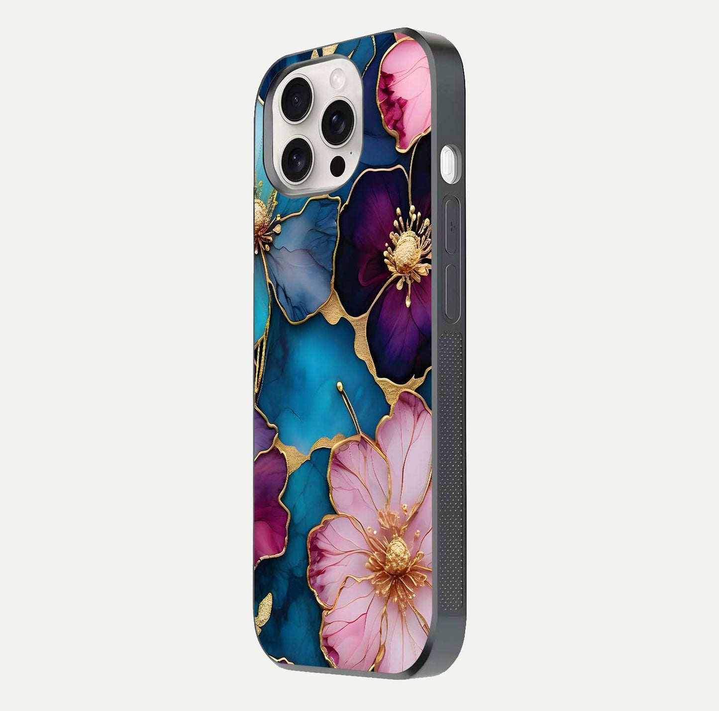Sparkle Floral Glass Case for iPhone 15 Pro Max side-angle image showing reflection, gloss, and floral texture