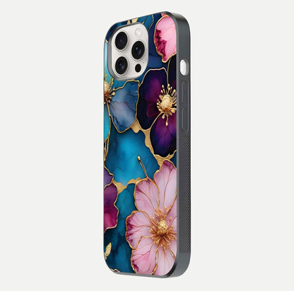 Sparkle Floral Glass Case for iPhone 15 Pro Max side-angle image showing reflection, gloss, and floral texture