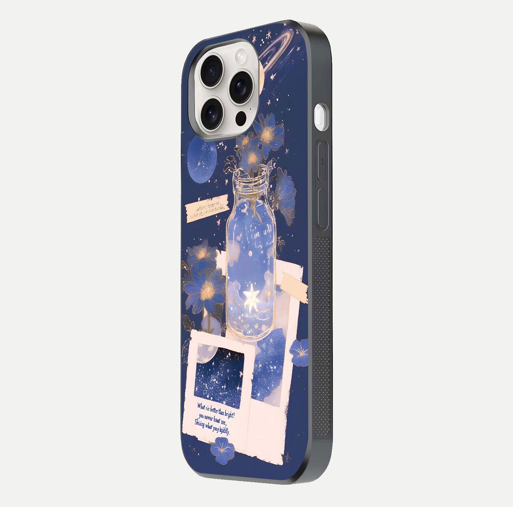 Starlit Cosmic Jar Glass Case for iPhone 15 Pro Max side-angle image showing glow, texture, and light reflection