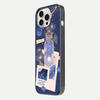 Starlit Cosmic Jar Glass Case for iPhone 15 Pro Max side-angle image showing glow, texture, and light reflection