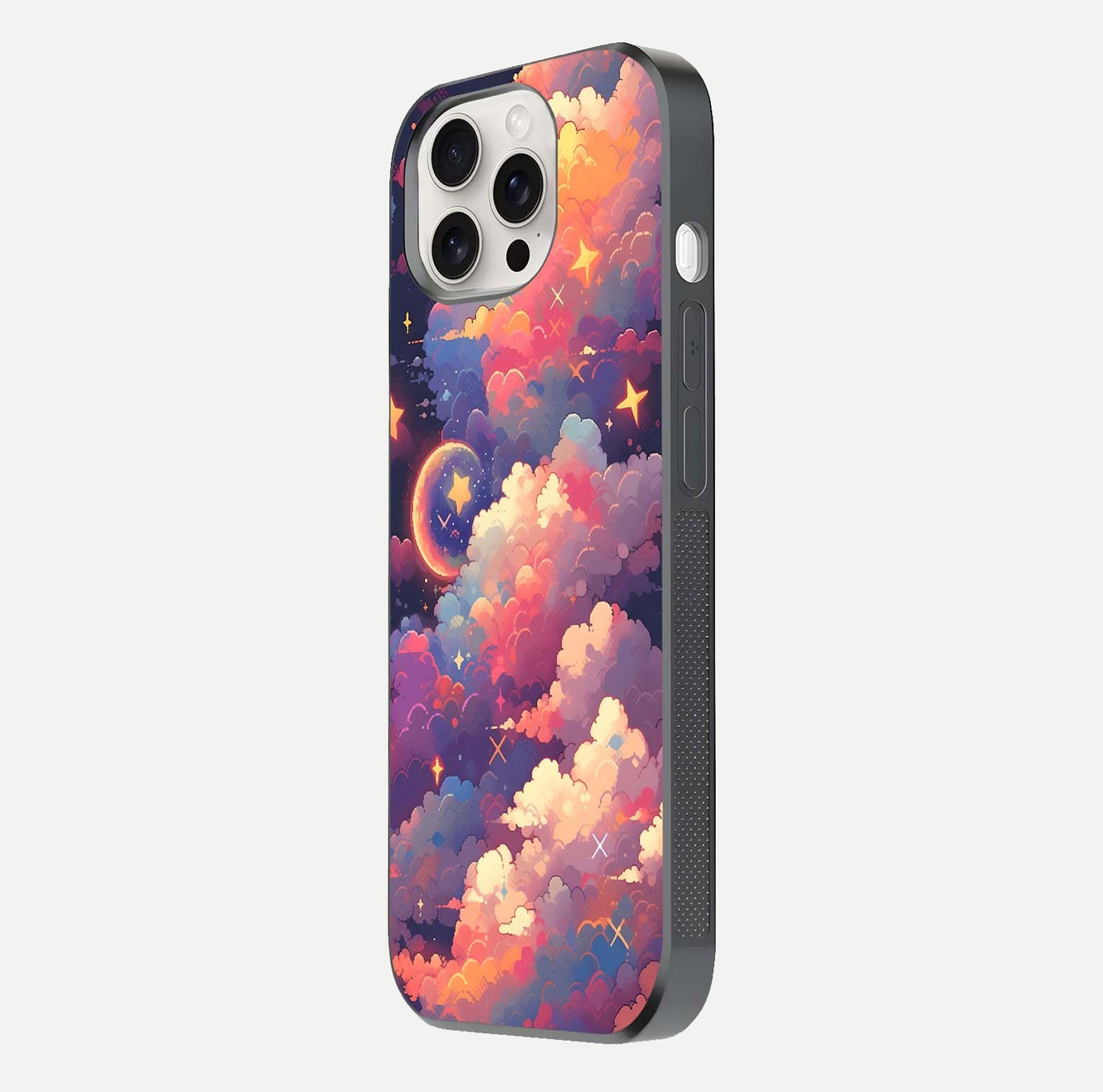 Starlit Dream Clouds Glass Case for iPhone 15 Pro Max side-angle image showing shine, reflection, and dreamy tones