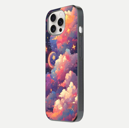 Starlit Dream Clouds Glass Case for iPhone 15 Pro Max side-angle image showing shine, reflection, and dreamy tones