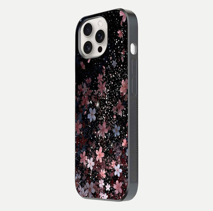 Starlit Flower Dreams Glass Case for iPhone 15 Pro Max side-angle image showing shine, edge detail, and floral contrast
