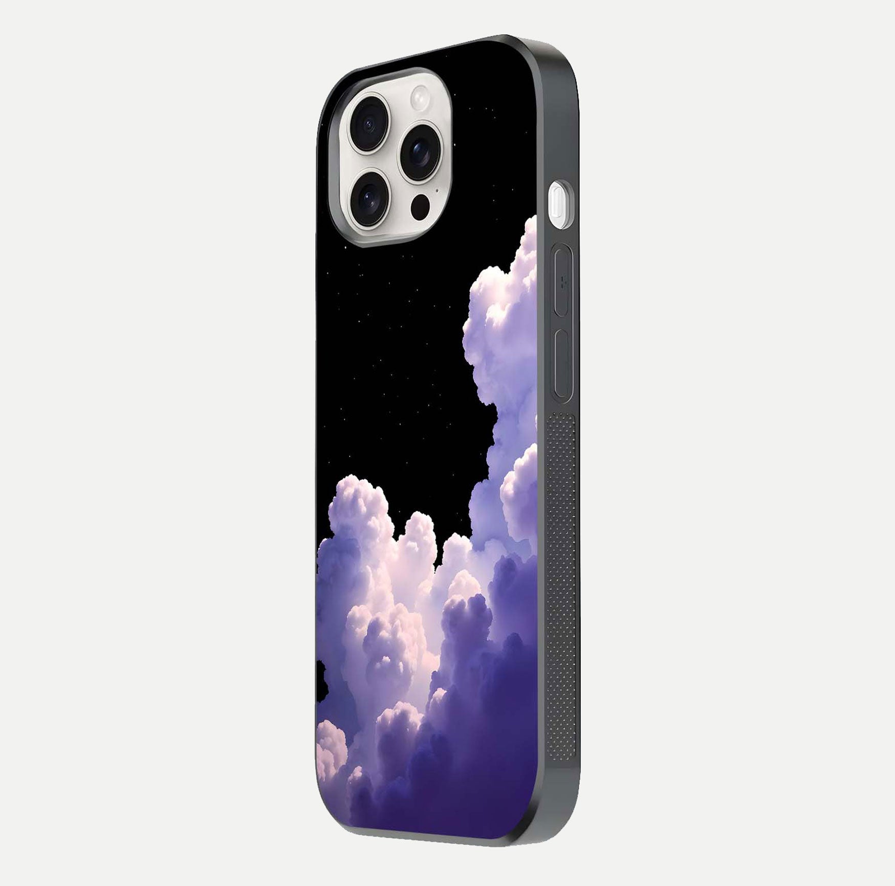 Starlit Night Whispers Glass Case for iPhone 15 Pro Max side-angle image showing reflection and night pattern shine