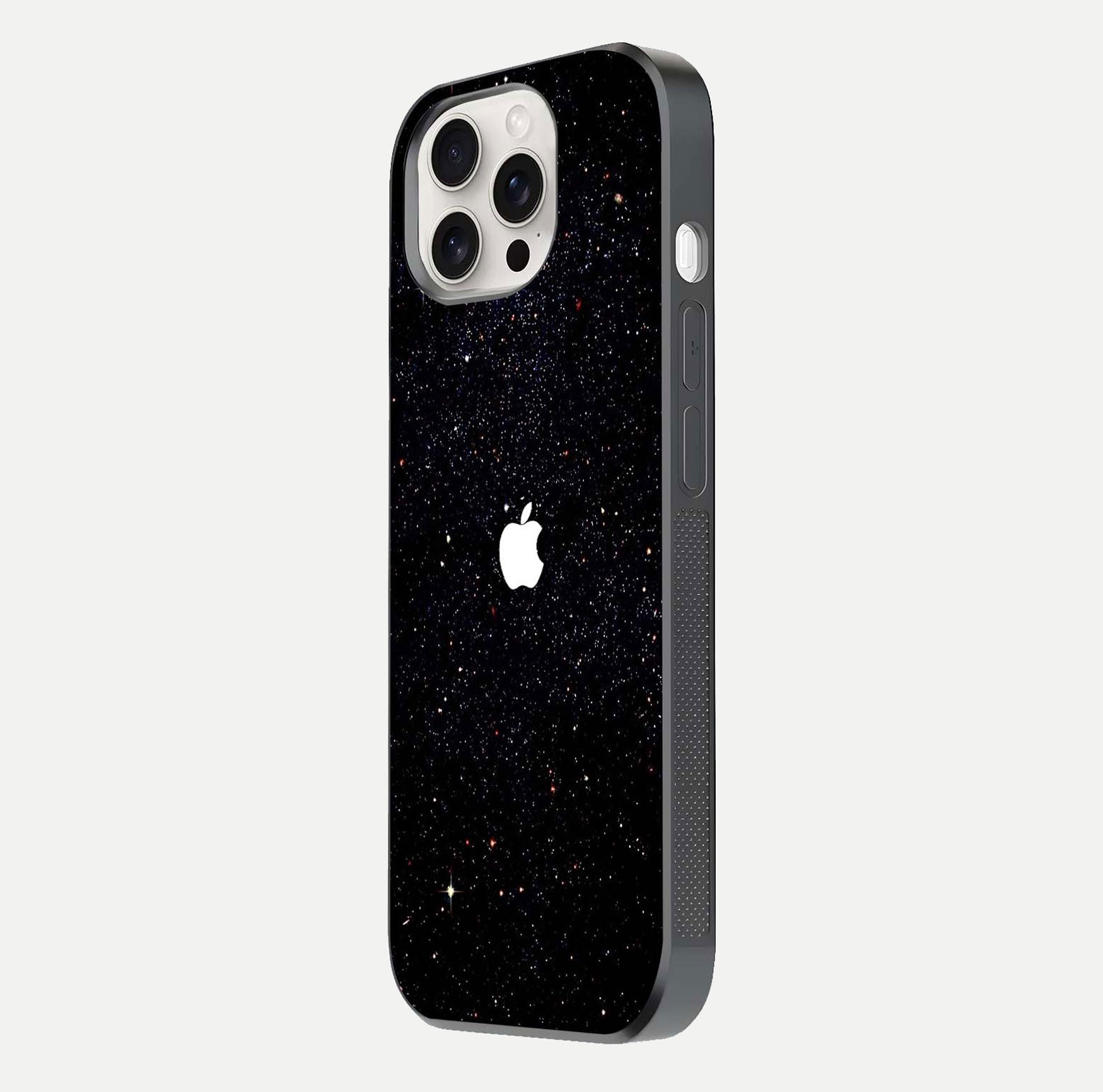 Starry Apple Galaxy Glass Case for iPhone 15 Pro Max side-angle image showing gloss and star pattern detail