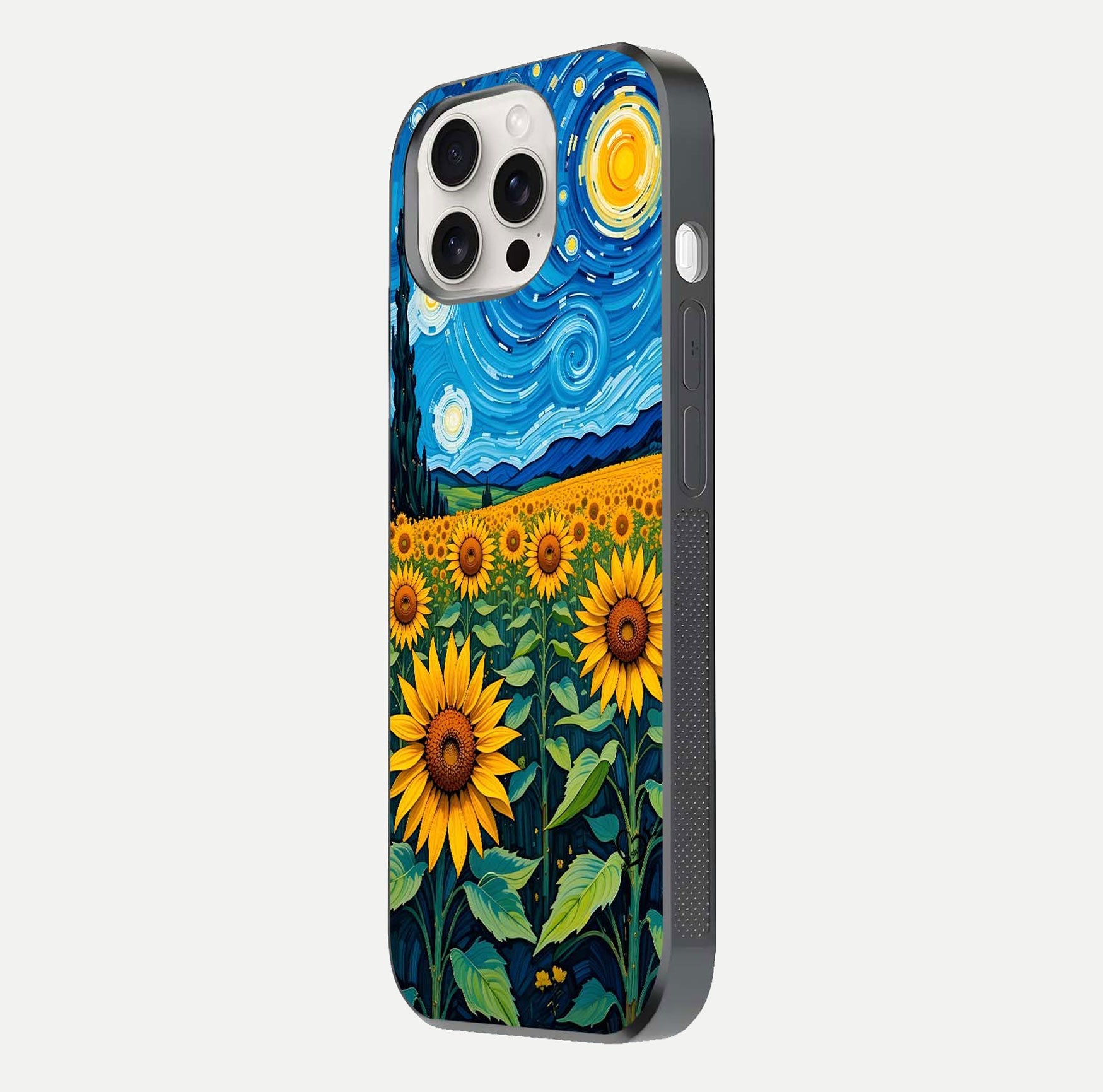 Starry Sunflower Dreams Glass Case for iPhone 15 Pro Max side-angle image showing reflection, stars, and yellow tone