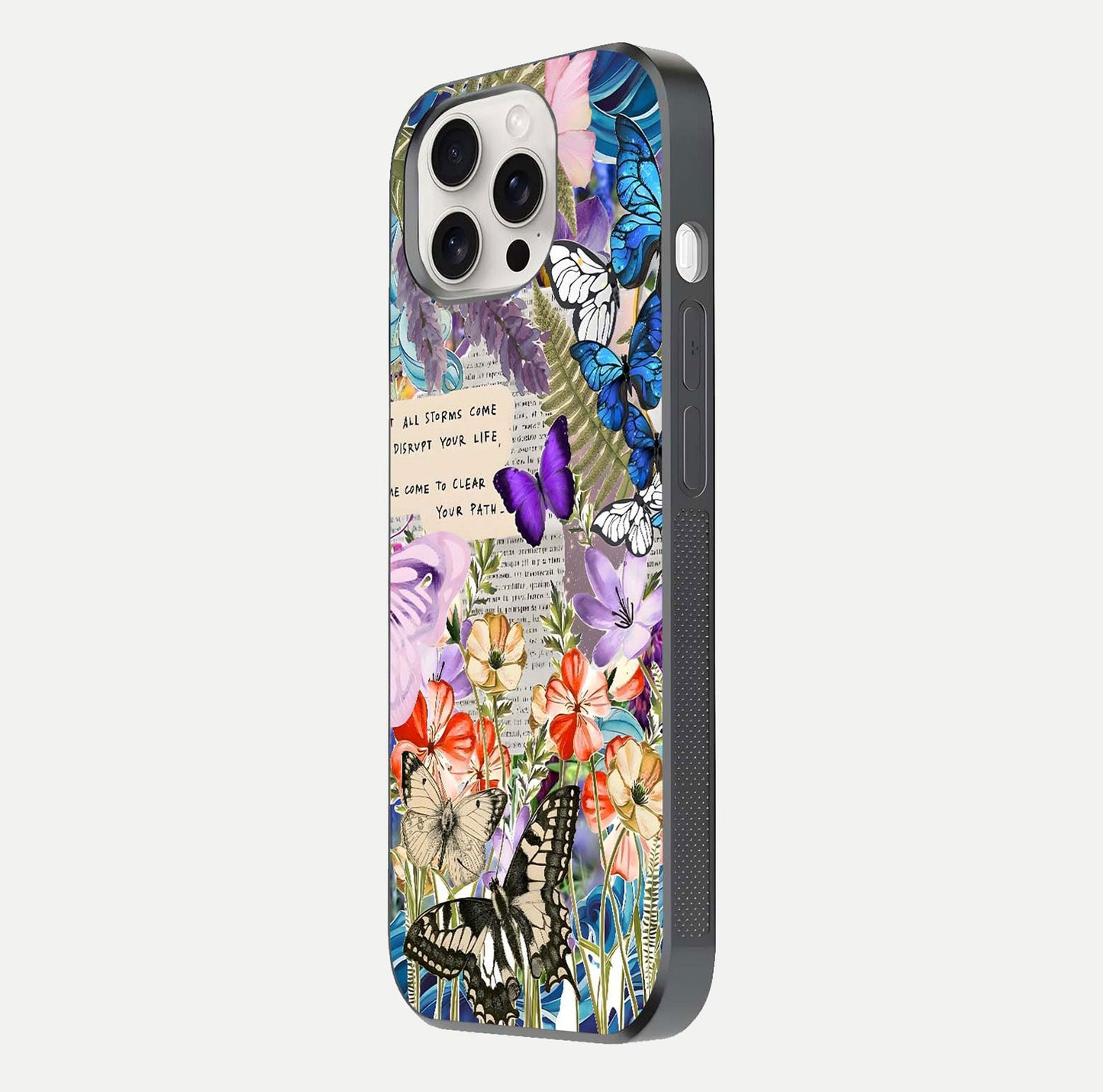 Storm Path Bloom Glass Case for iPhone 15 Pro Max side-angle image showing reflection, color contrast, and shine