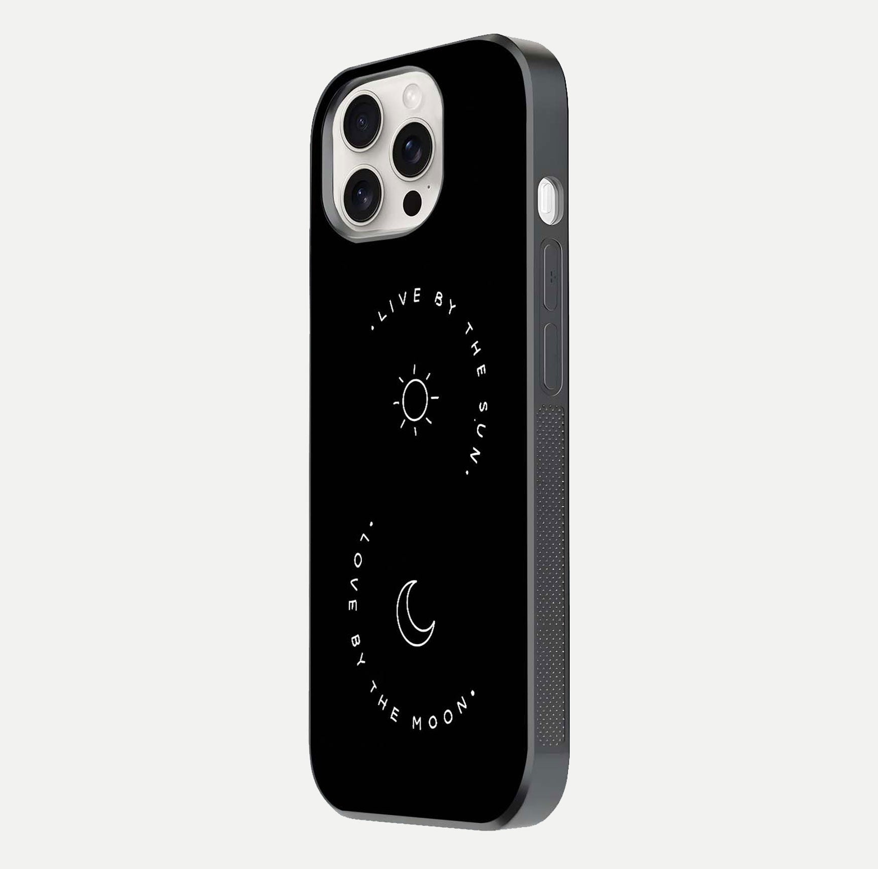 Sun Moon Balance Glass Case for iPhone 15 Pro Max side-angle image showing reflection and celestial detailing