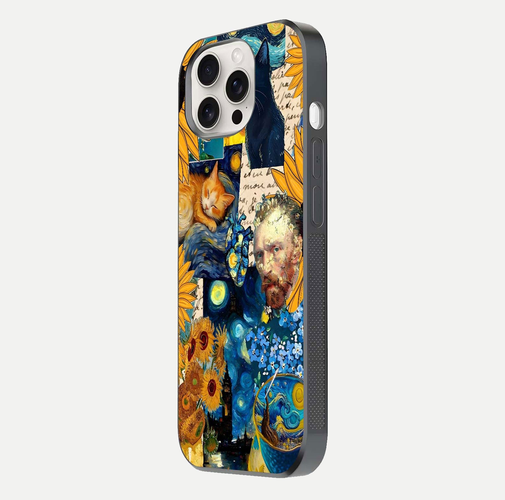 Sunflower Cat Art Glass Case for iPhone 15 Pro Max side-angle image showing shine, edges, and sunflower texture
