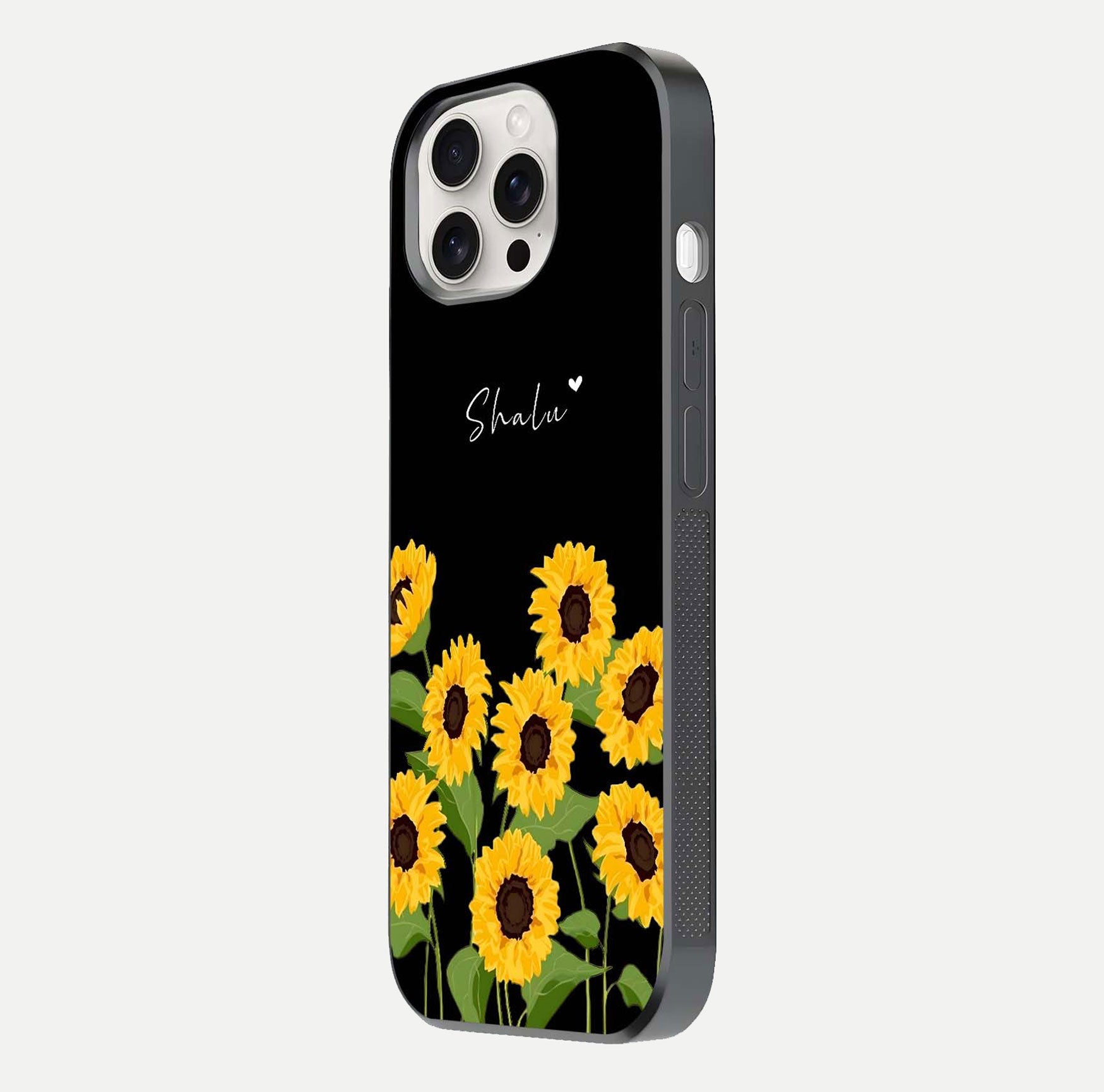 Sunflower Chic Mood Custom Name Glass Case for iPhone 15 Pro Max side-angle image showing reflection and yellow floral tone