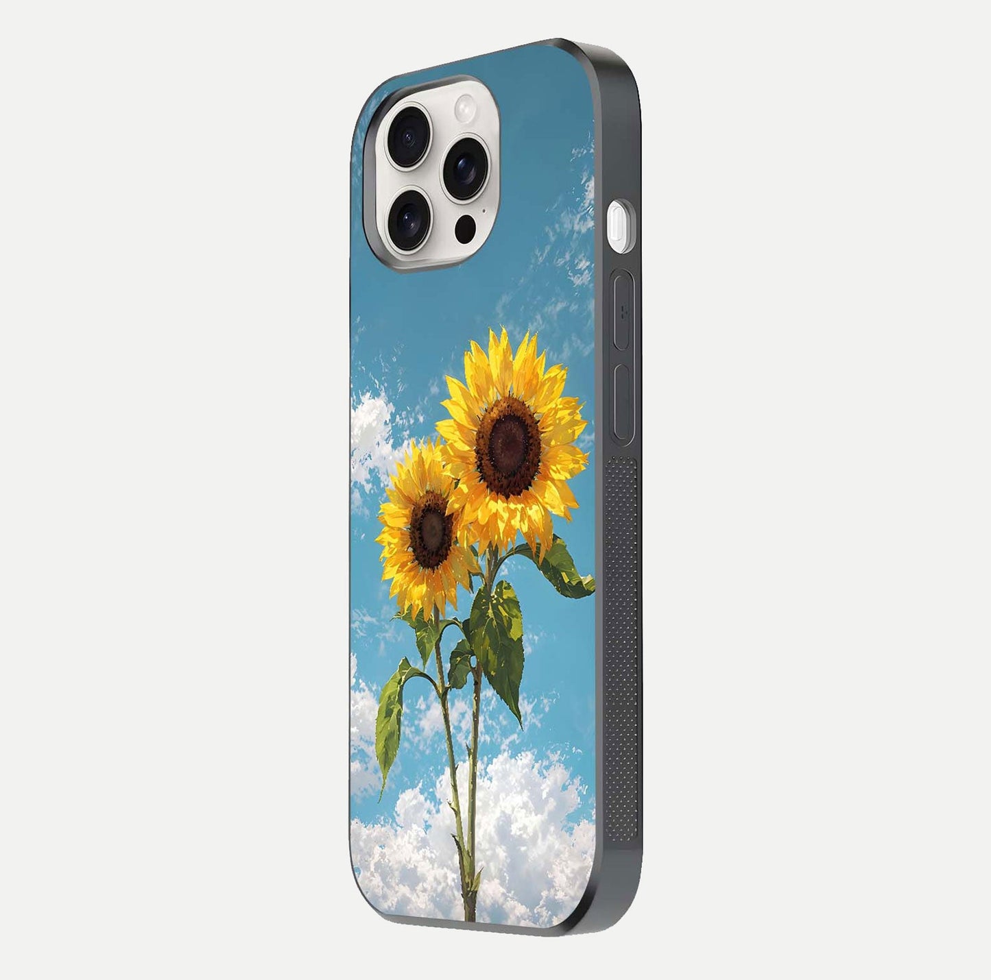 Sunflower Sky Bloom Glass Case for iPhone 15 Pro Max side-angle image showing reflection, edges, and sunflower color