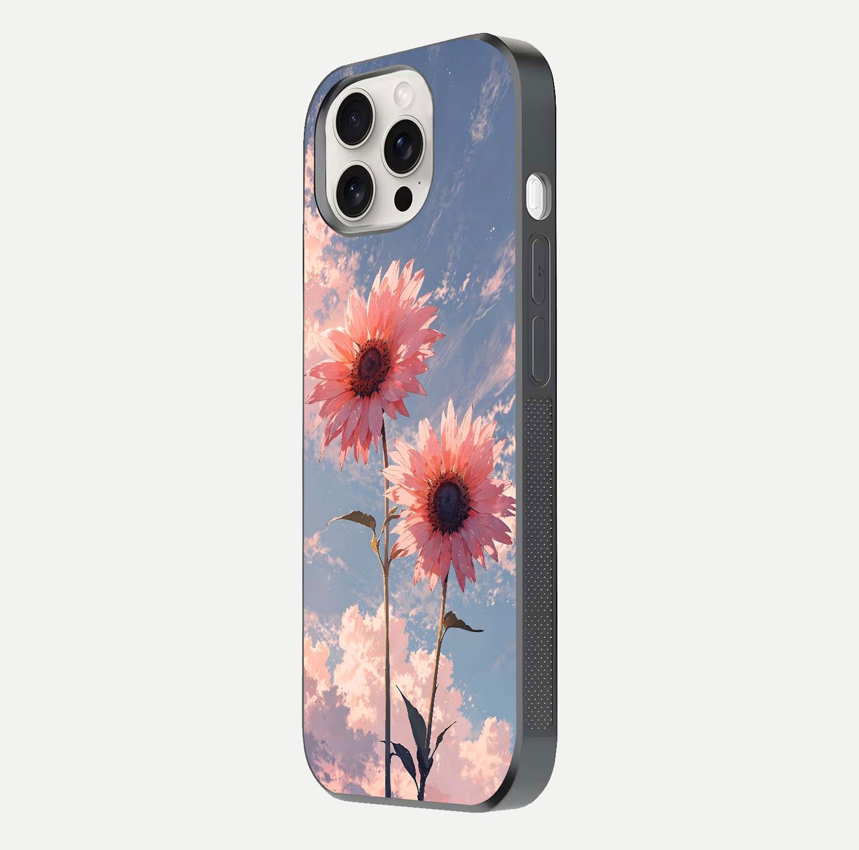 Sunlit Daisy Glow Glass Case for iPhone 15 Pro Max side-angle image showing shine, gloss, and floral highlight