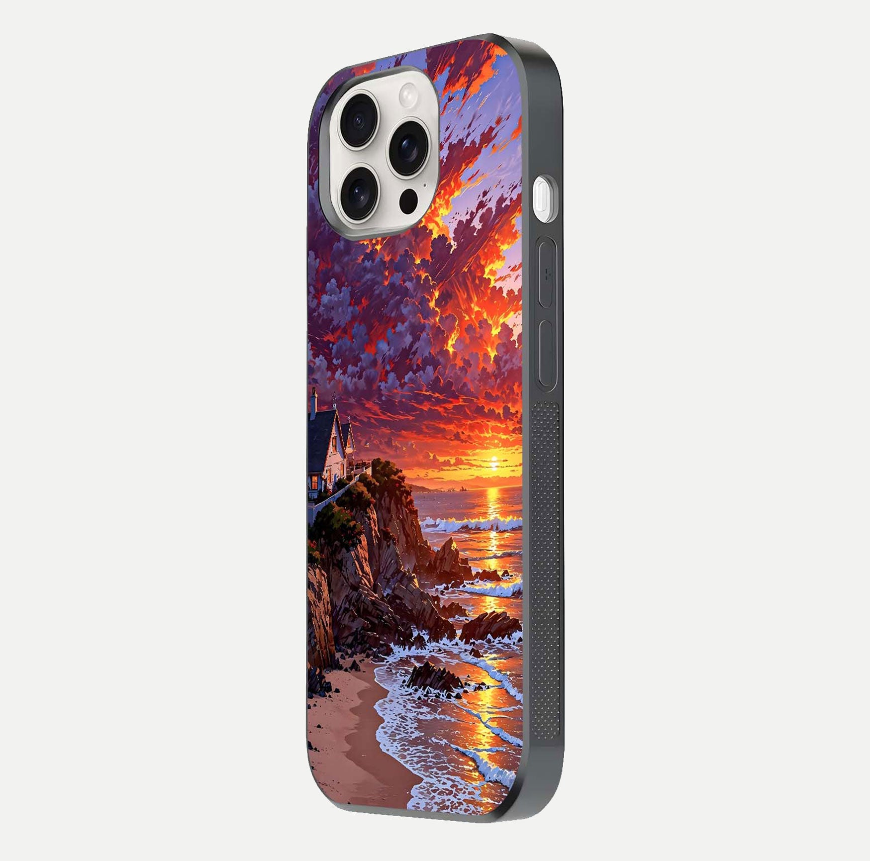Sunset House by Sea Glass Case for iPhone 15 Pro Max side-angle image showing reflection and seaside color tone