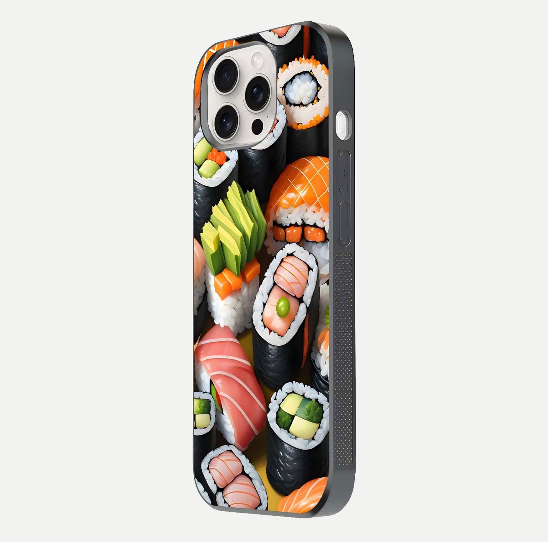 Sushi Food Pattern Glass Case for iPhone 15 Pro Max side-angle image showing shine, gloss, and sushi artwork