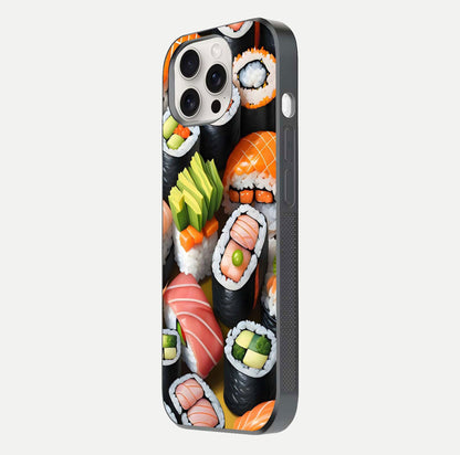 Sushi Food Pattern Glass Case for iPhone 15 Pro Max side-angle image showing shine, gloss, and sushi artwork