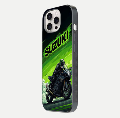 Suzuki Speed Beast Glass Case for iPhone 15 Pro Max side-angle image showing reflection, gloss, and car detailing