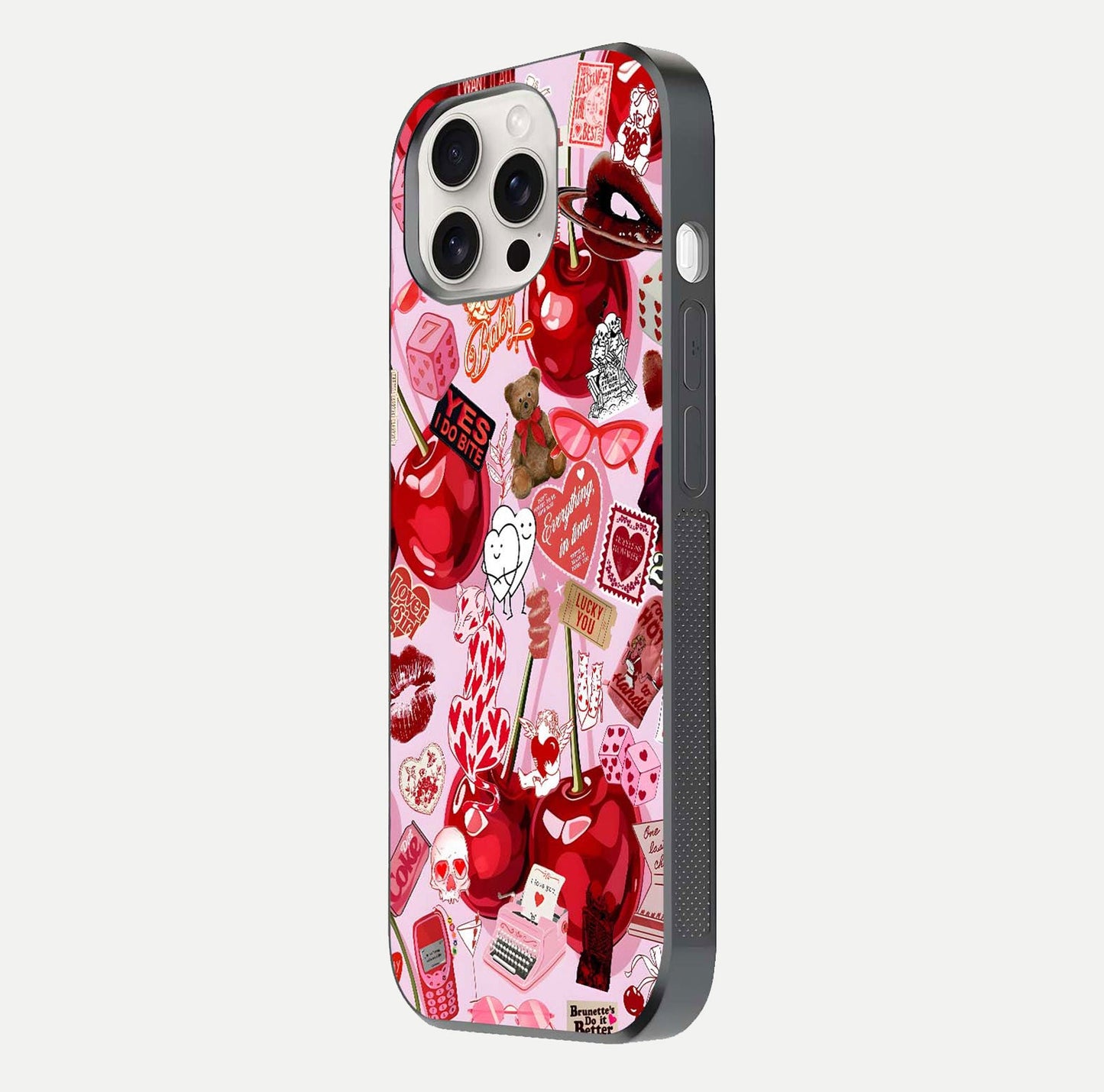 Sweet Cherry Chaos Glass Case for iPhone 15 Pro Max side-angle image showing shine, gloss, and cherry details