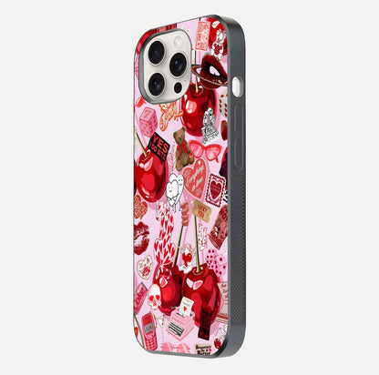 Sweet Cherry Chaos Glass Case for iPhone 15 Pro Max side-angle image showing shine, gloss, and cherry details