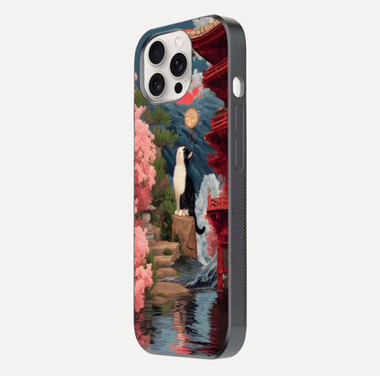 Temple Cat Scenery Glass Case for iPhone 15 Pro Max side-angle image showing shine and printed temple pattern
