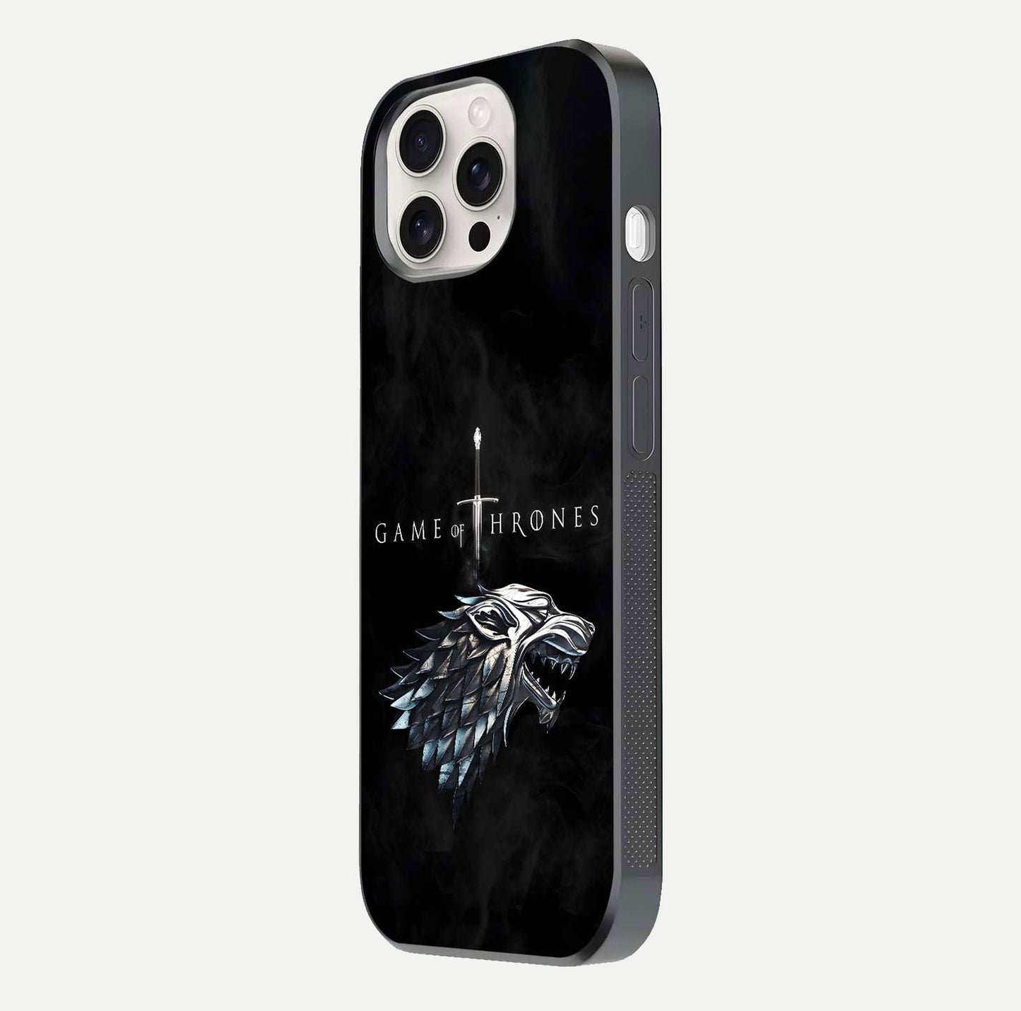 Throne Wolf Legacy Glass Case for iPhone 15 Pro Max side-angle image showing gloss, texture, and HD print