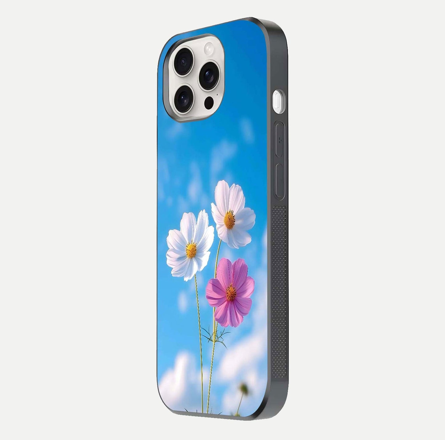 Triple Flowers With Sky Glass Case for iPhone 15 Pro Max side-angle image showing gloss, texture, and floral design