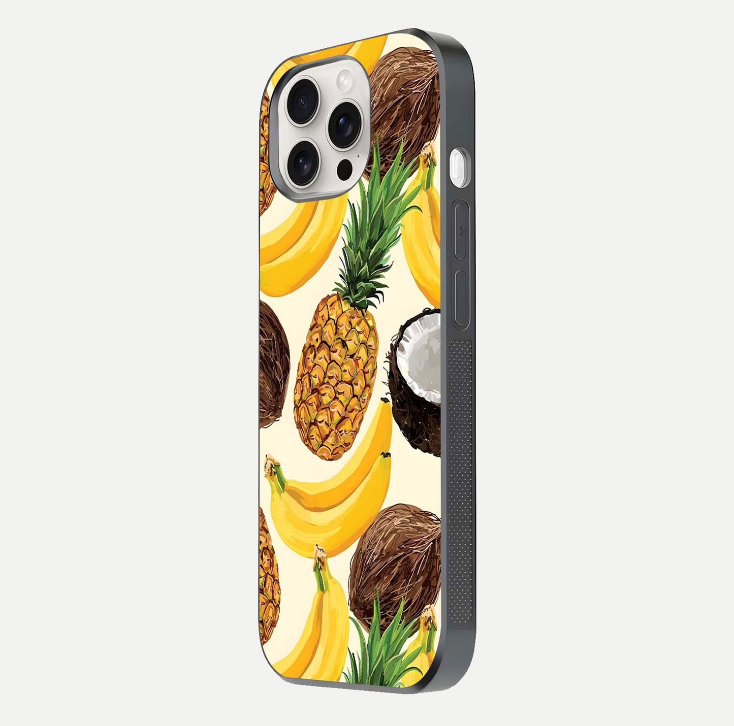 Tropical Fruit Mood Glass Case for iPhone 15 Pro Max side-angle image showing reflection, gloss, and fruit details