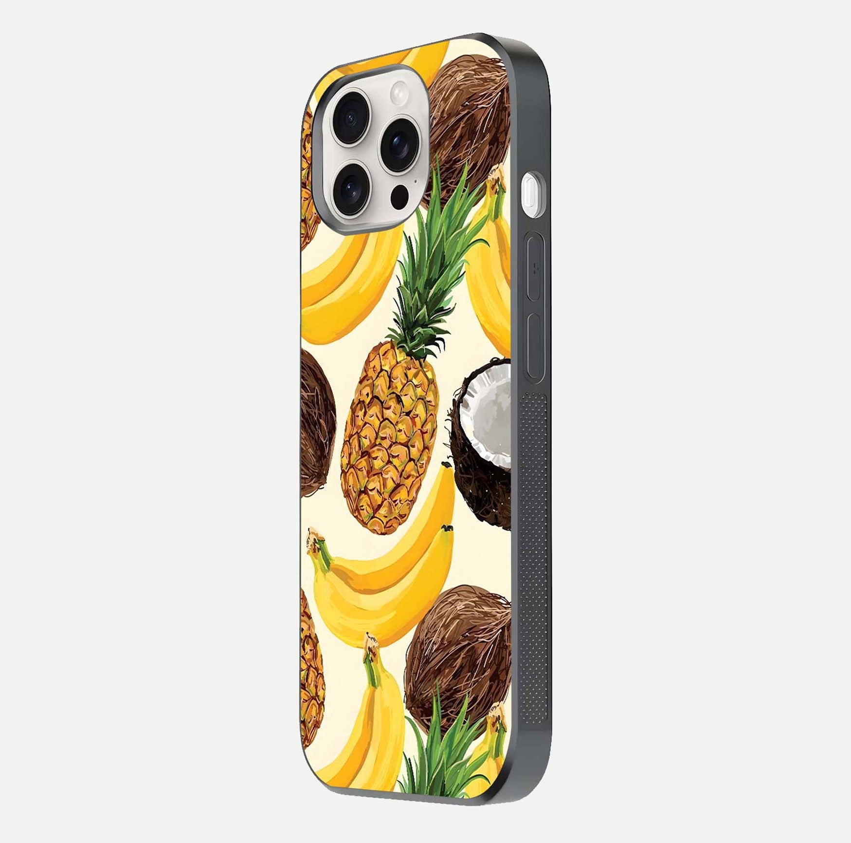 Tropical Fruit Mood Glass Case for iPhone 15 Pro Max side-angle image showing reflection, gloss, and fruit details