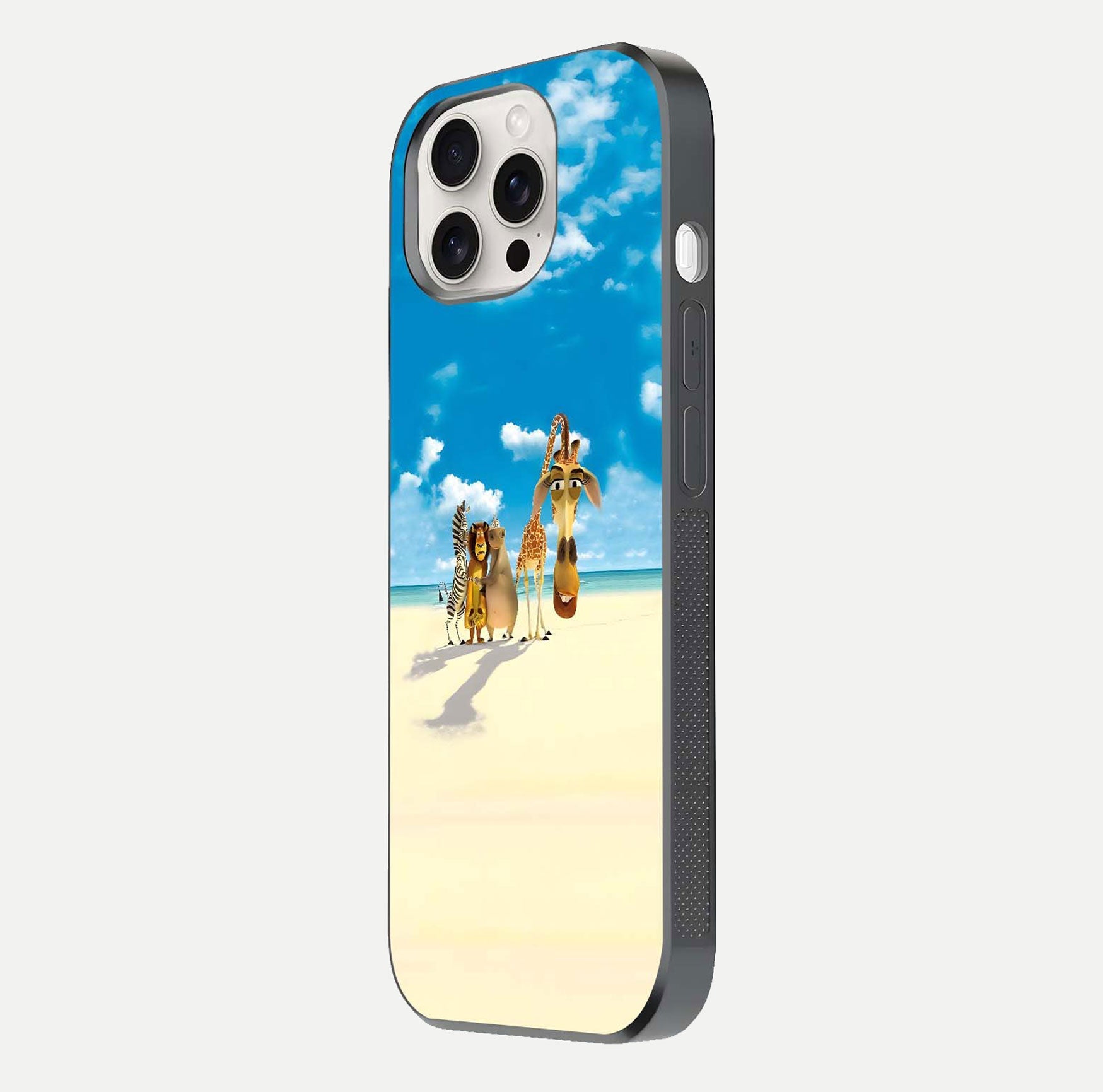 Tropical Fun Squad Glass Case for iPhone 15 Pro Max side-angle image showing shine, color depth, and surface gloss