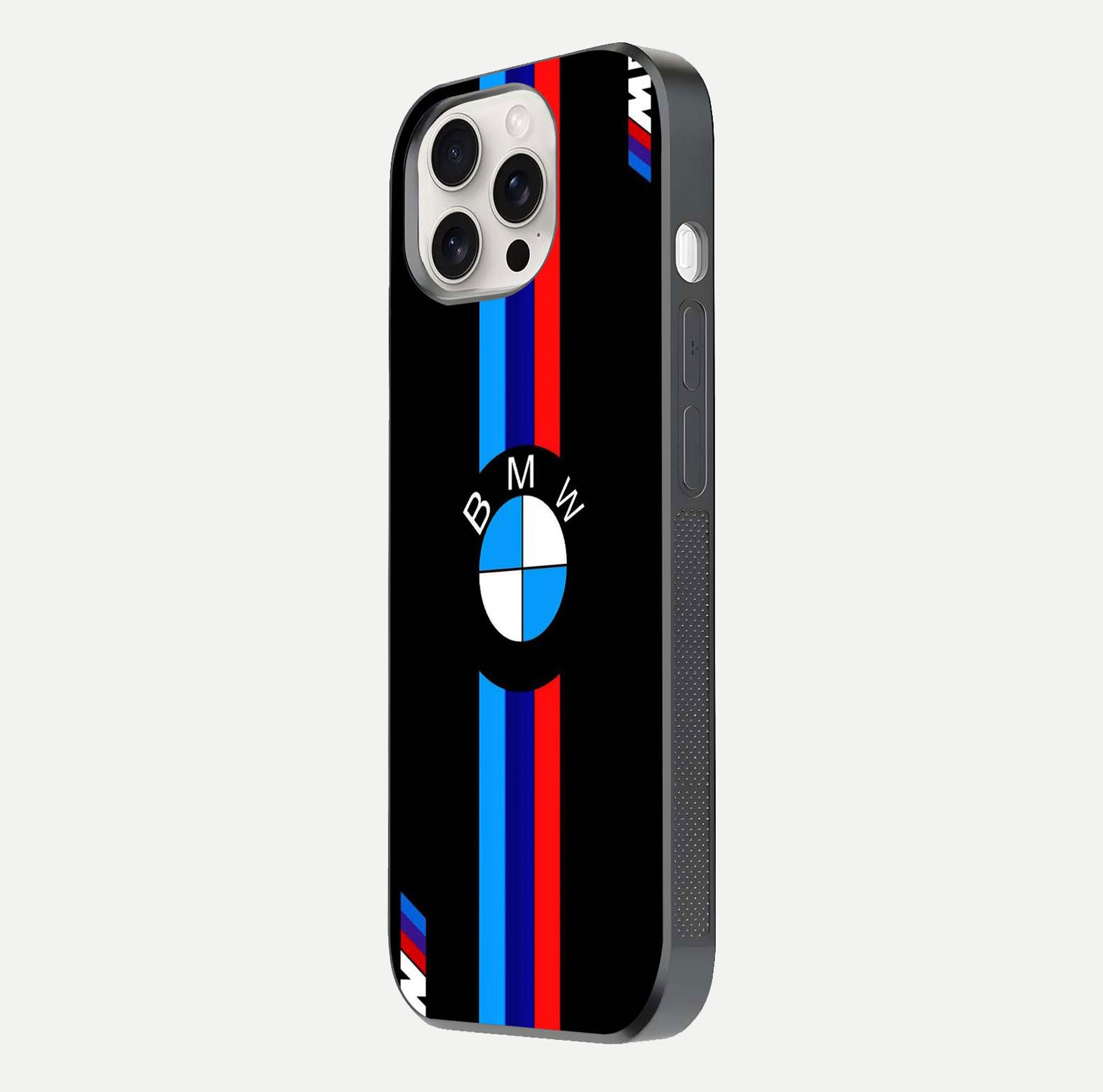 Turbo BMW Beast Glass Case for iPhone 15 Pro Max side-angle image showing reflection and sleek edge styling