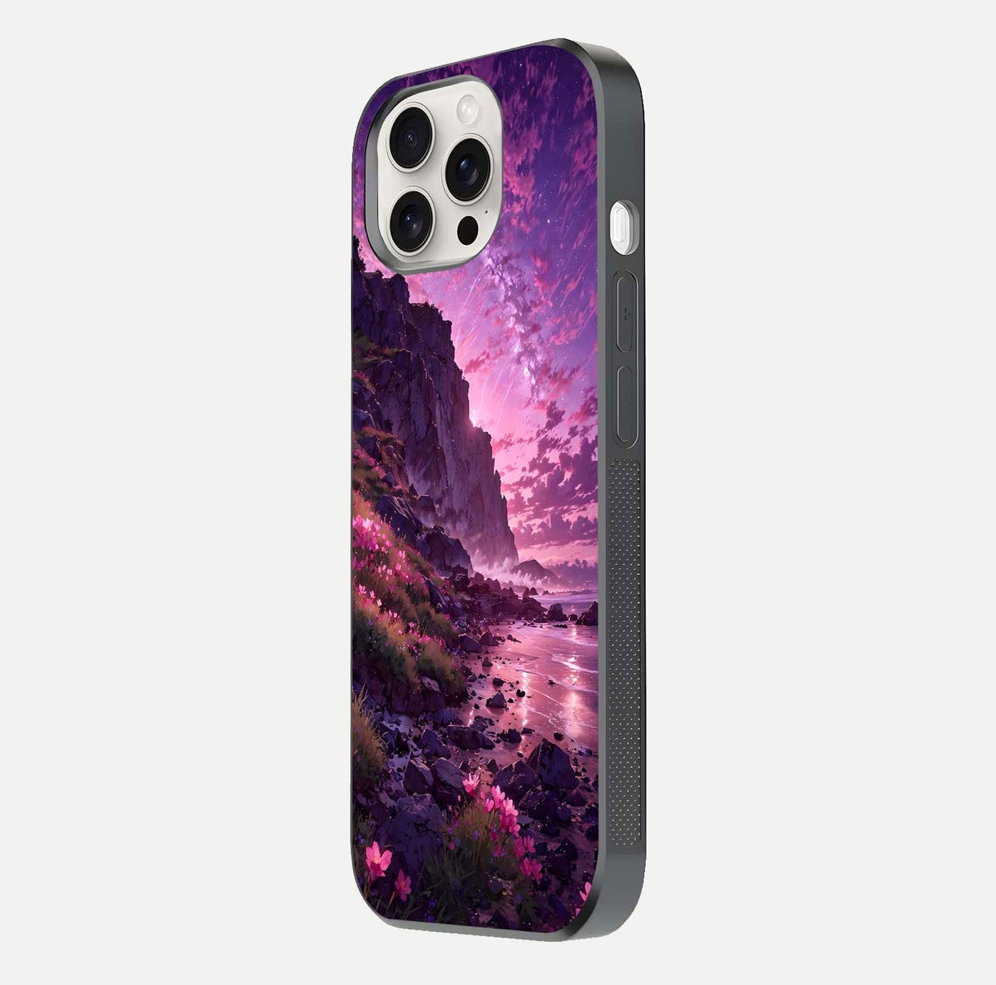 Twilight Blossom Coast Glass Case for iPhone 15 Pro Max side-angle image showing shine, reflection, and petal tone