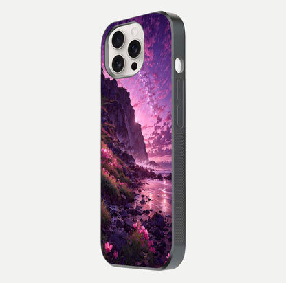 Twilight Blossom Coast Glass Case for iPhone 15 Pro Max side-angle image showing shine, reflection, and petal tone