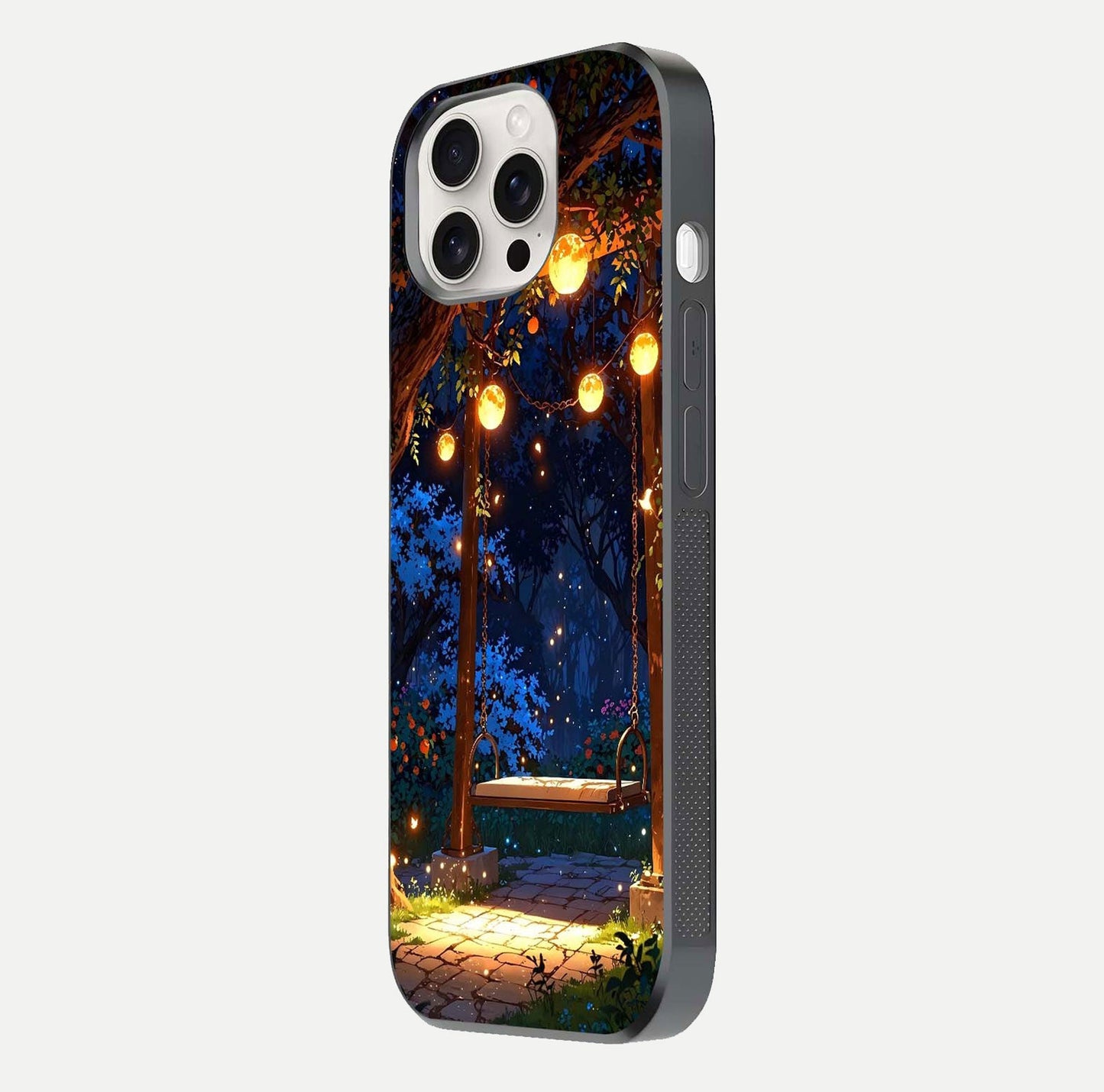 Twilight Garden Swing Glass Case for iPhone 15 Pro Max side-angle image showing reflection, gloss, and scenic depth