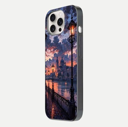 Twilight River Lights Glass Case for iPhone 15 Pro Max side-angle image showing reflections, lighting, and gradient tones