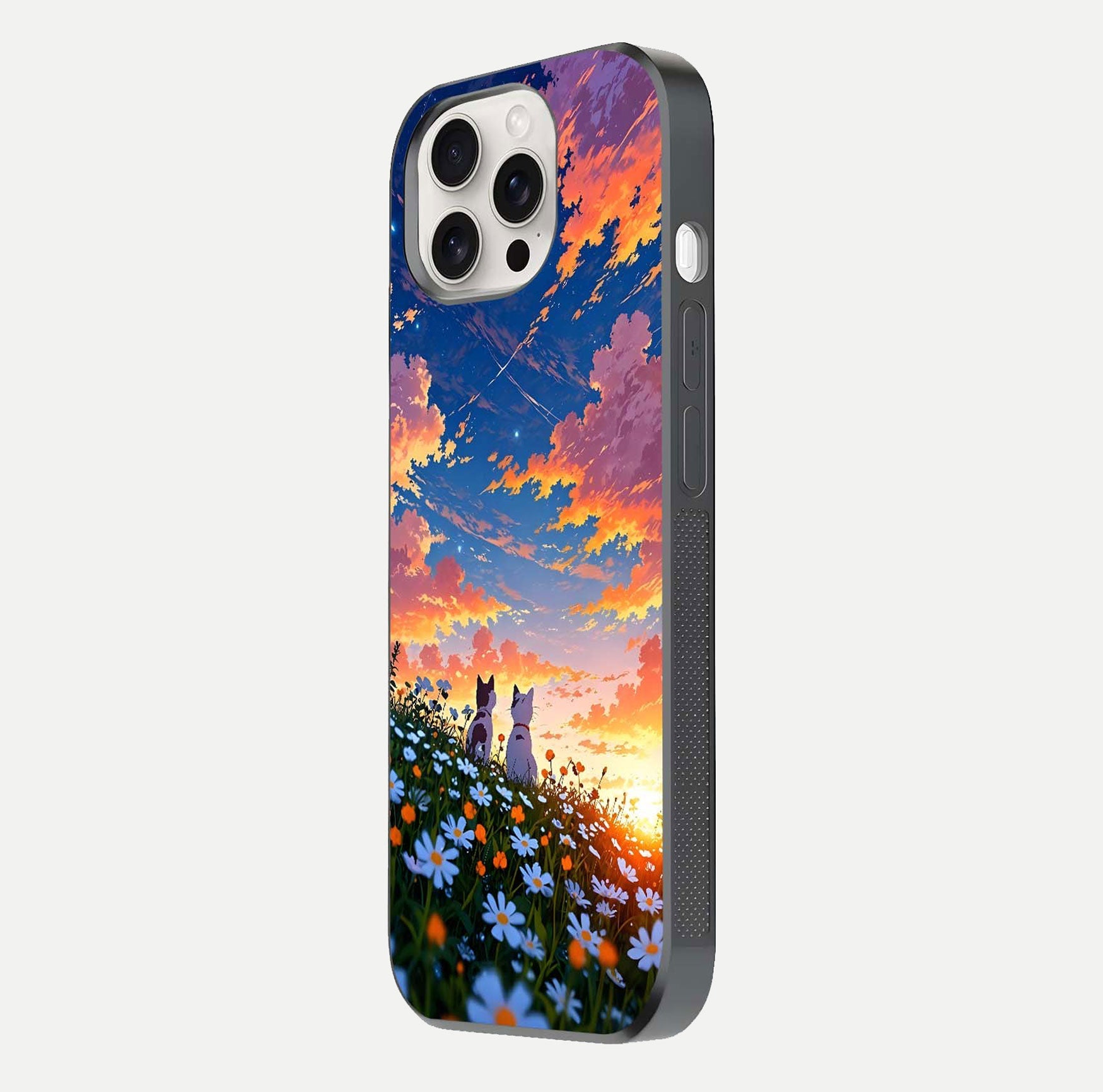Two Cats Friends Glass Case for iPhone 15 Pro Max side-angle image showing reflection, gloss, and color depth