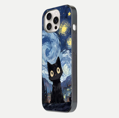 Van Gogh Cat Glass Case for iPhone 15 Pro Max side-angle image showing light reflection and vivid artwork