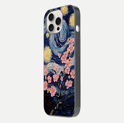 Van Gogh Scenery Glass Case for iPhone 15 Pro Max side-angle image showing shine, gloss, and scenic color palette