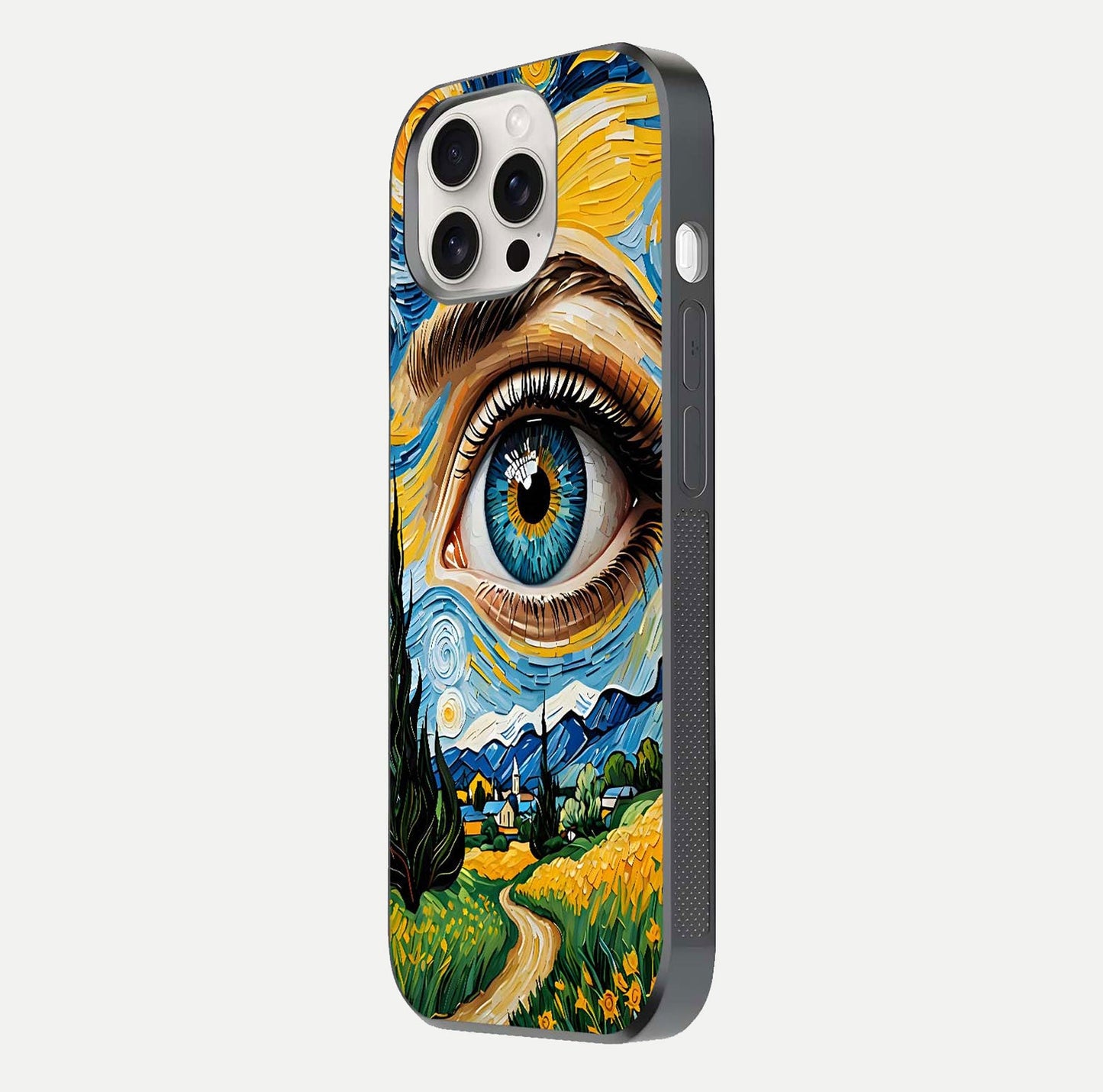Van Gogh Eye Glass Case for iPhone 15 Pro Max side-angle image showing reflection, gloss, and artistic contrast