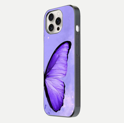 Violet Dream Wing Glass Case for iPhone 15 Pro Max side-angle image showing gloss, shine, and violet gradient
