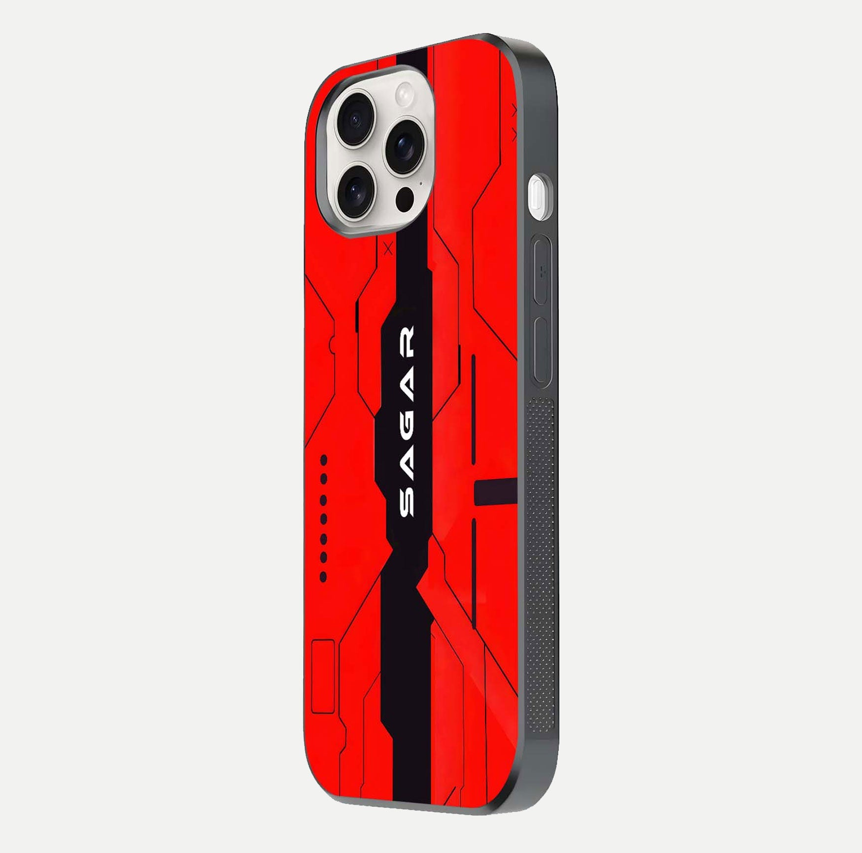 Voltage Rise CYBERPUNK Custom Name Glass Case for iPhone 15 Pro Max side-angle image showing gloss and cyberpunk detail