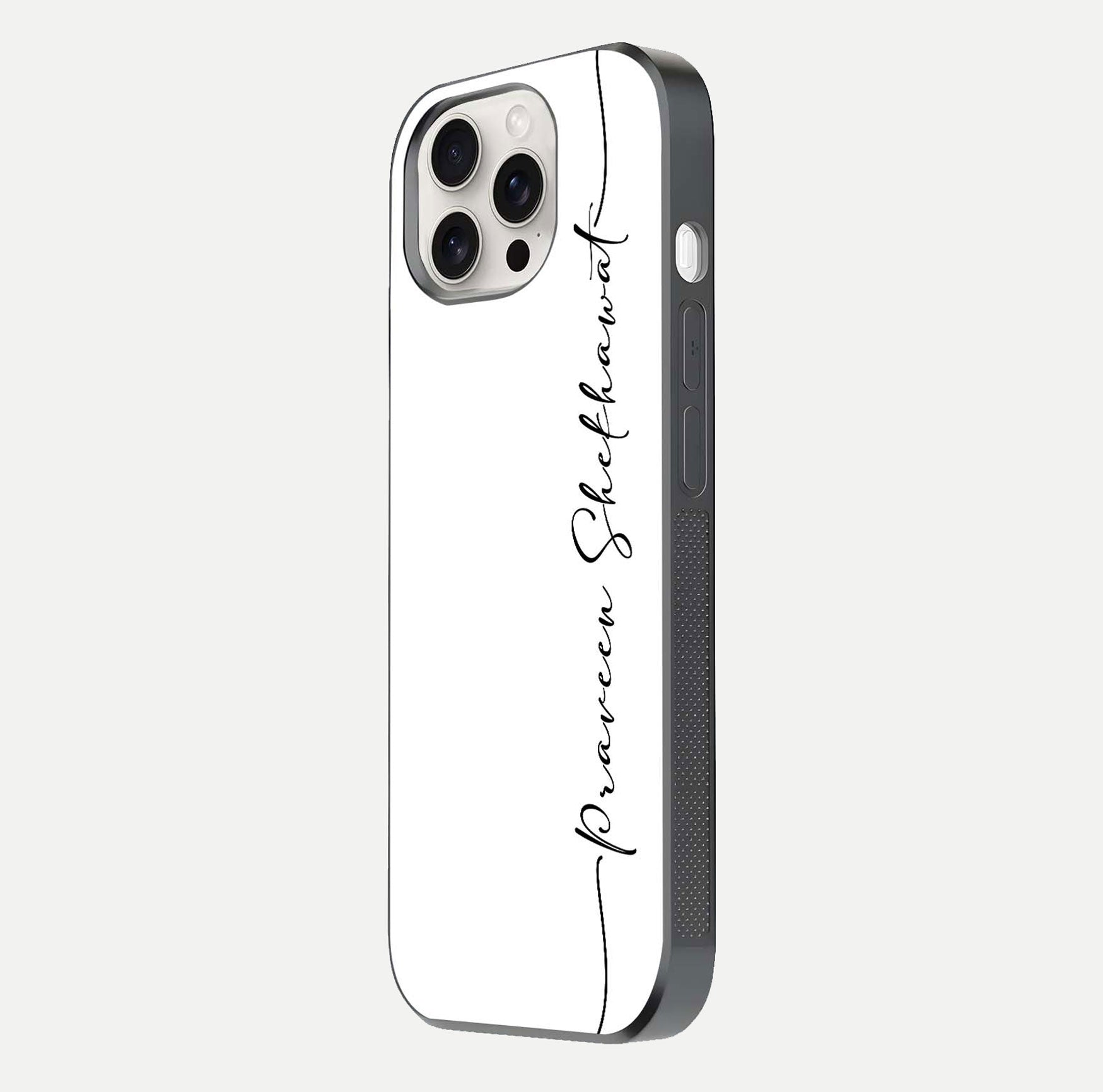 White Tune Custom Name Glass Case for iPhone 15 Pro Max side-angle image showing shine, gloss, and minimal tone