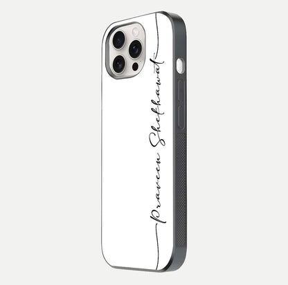 White Tune Custom Name Glass Case for iPhone 15 Pro Max side-angle image showing shine, gloss, and minimal tone