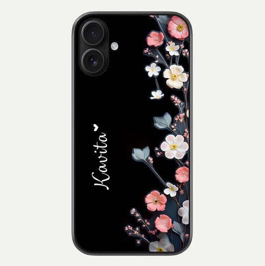 Black Elegance Floral Custom Name Glass Case For iPhone 16 by Custom World