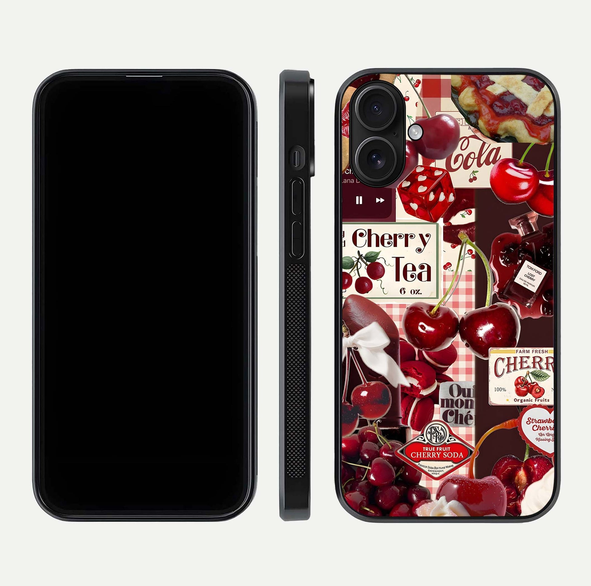 Aesthetic Cherry Tea Glass Case for iPhone 16 front and back view layout showing black front display and artistic cherry-themed glass back